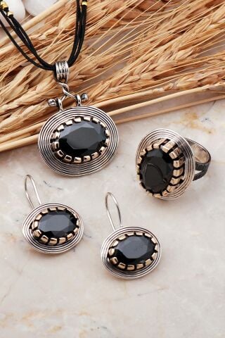 Oniks Taşlı Tel Sarma Elişi Gümüş Set 2408