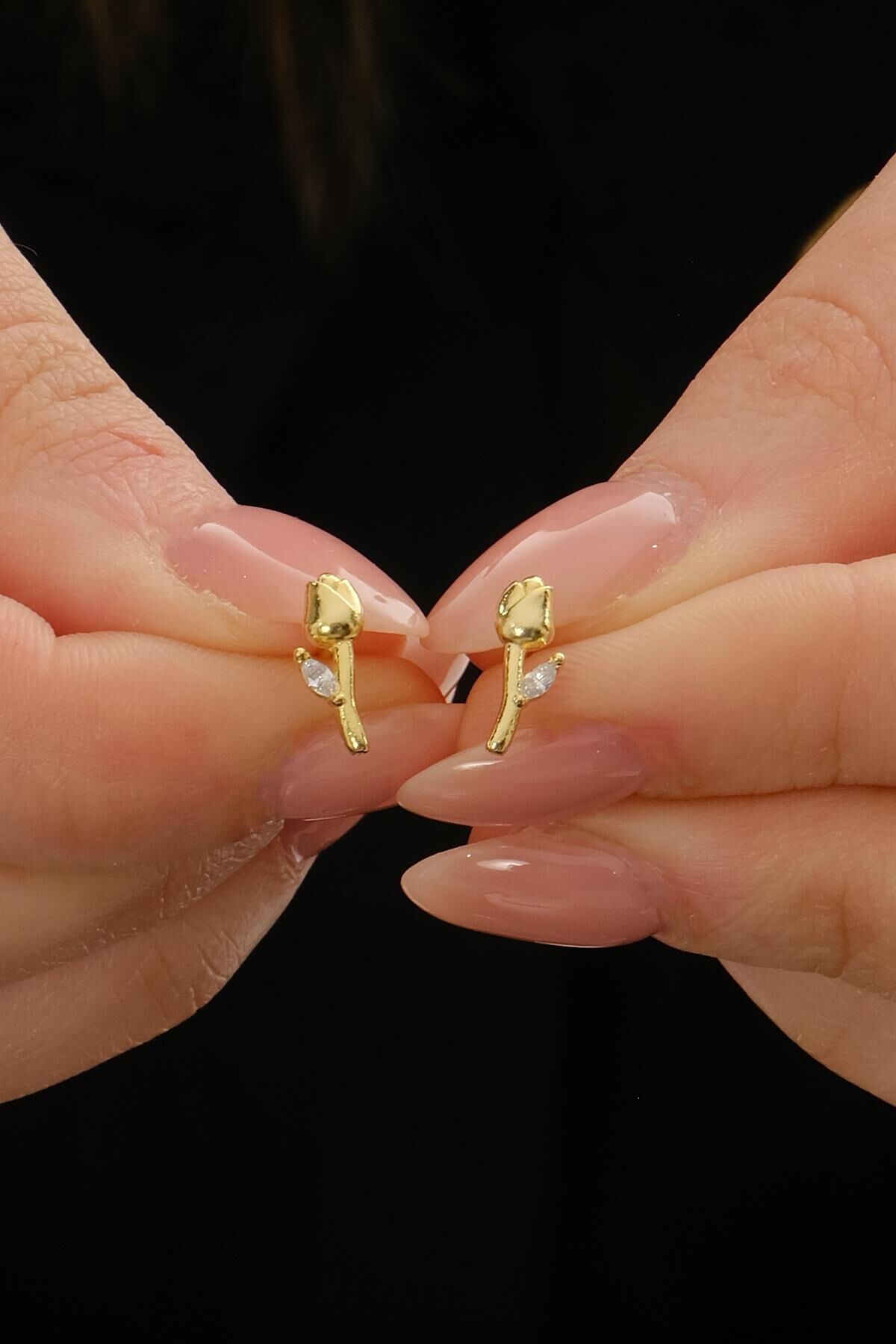 Taşlı Lale Altın Kaplama Mini Gümüş Küpe 7351