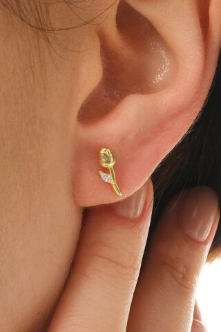 Taşlı Lale Altın Kaplama Mini Gümüş Küpe 7351