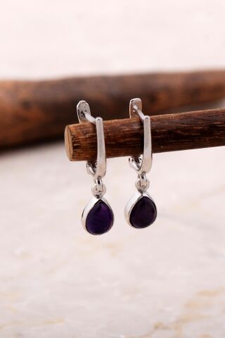 Doğal Ametist Taşlı Damla Mini Rodyumlu Gümüş Küpe 5873