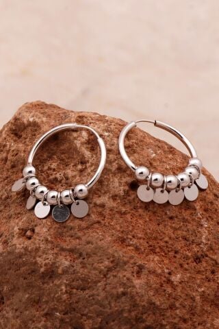 Pullu Rodyumlu Gümüş Halka Küpe 6113