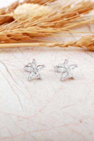 Taşlı Yasemin Çiçeği Rodyumlu Mini Gümüş Küpe 7352