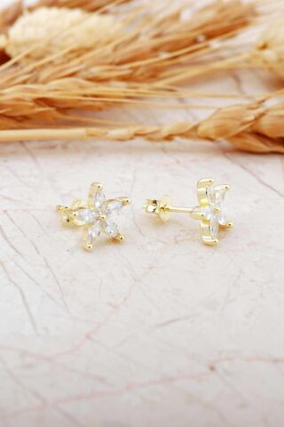 Taşlı Yasemin Çiçeği Altın Kaplama Mini Gümüş Küpe 7353