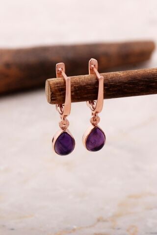 Doğal Ametist Taşlı Damla Mini Rose Gümüş Küpe 5875