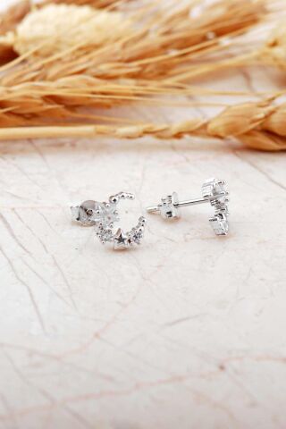 Taşlı Ay Yıldız Rodyumlu Mini Gümüş Küpe 7354