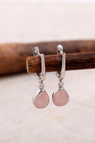 Doğal Pembe Kuvars Taşlı Damla Mini Rodyumlu Gümüş Küpe 5876
