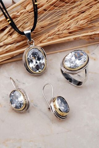 Kuvars Taşlı Tel Sarma Elişi Gümüş Set 2412