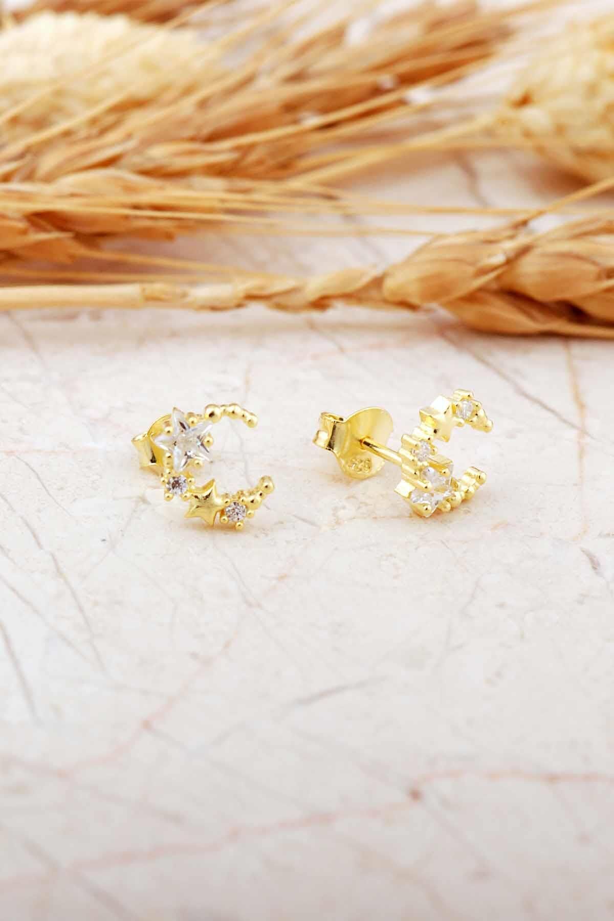 Taşlı Ay Yıldız Altın Kaplama Mini Gümüş Küpe 7355