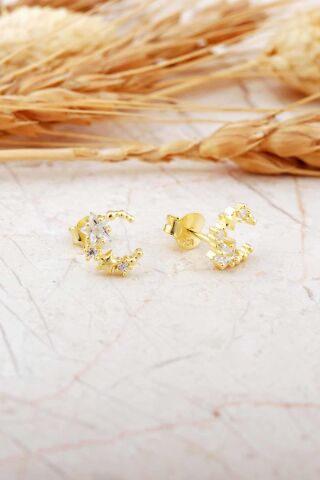 Taşlı Ay Yıldız Altın Kaplama Mini Gümüş Küpe 7355