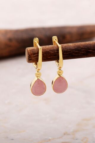 Doğal Pembe Kuvars Taşlı Damla Mini Altın Yaldızlı Gümüş Küpe 5877