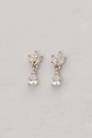 Rodyumlu Lotus Çiçeği Damla Sallantılı Mini Gümüş Küpe 7356