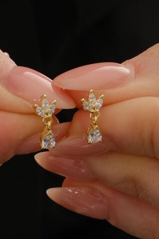 Altın Kaplama Lotus Çiçeği Damla Sallantılı Mini Gümüş Küpe 7357