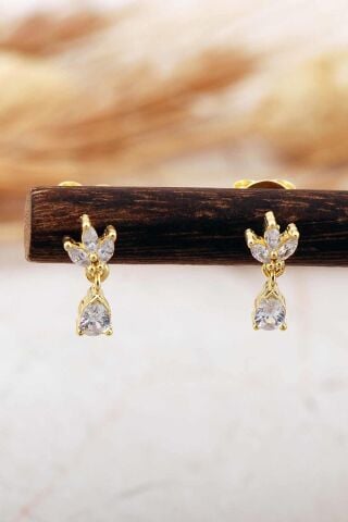 Altın Kaplama Lotus Çiçeği Damla Sallantılı Mini Gümüş Küpe 7357