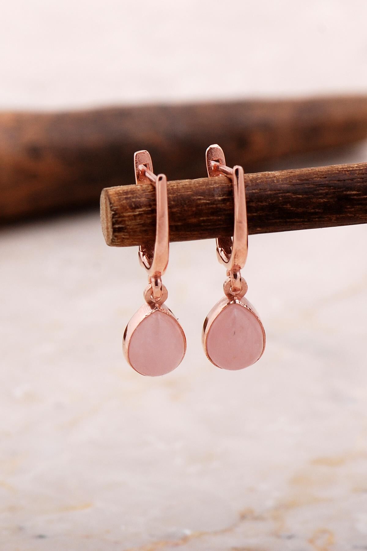 Doğal Pembe Kuvars Taşlı Damla Mini Rose Gümüş Küpe 5878