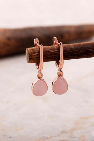 Doğal Pembe Kuvars Taşlı Damla Mini Rose Gümüş Küpe 5878