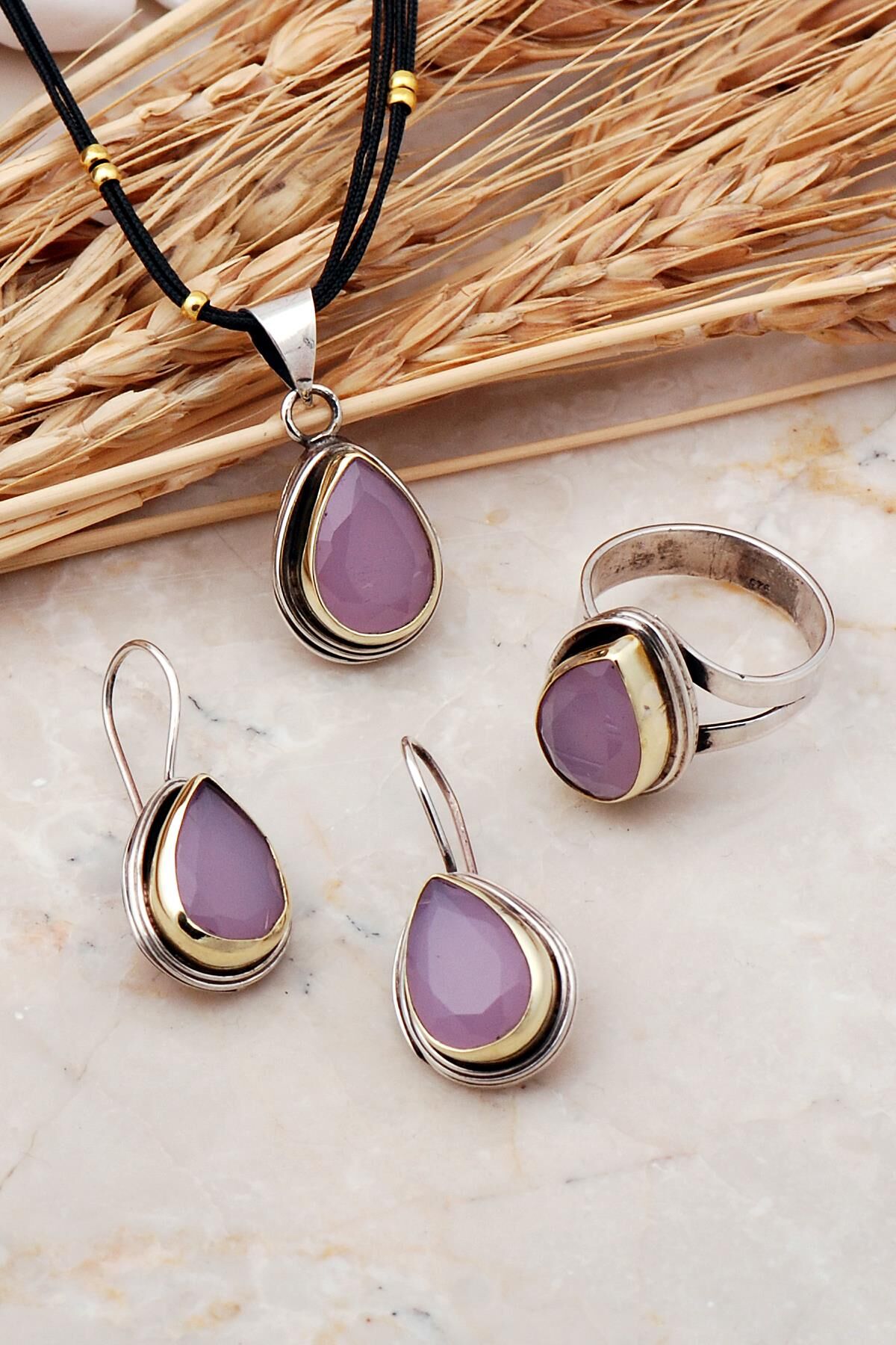 Pembe Kuavrs Taşlı Damla Tel Sarma Elişi Gümüş Set 2414