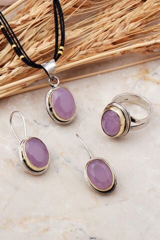 Pembe Kuvars Taşlı Tel Sarma Elişi Gümüş Set 2416