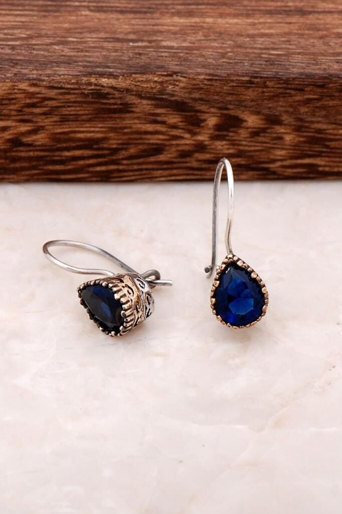 Safir Taşlı Elişi Damla Gümüş Küpe 4240