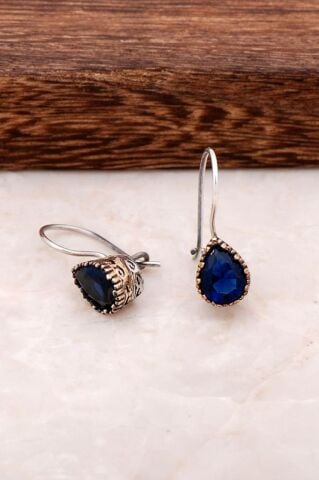 Safir Taşlı Elişi Damla Gümüş Küpe 4240