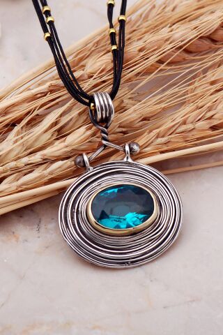 Akuamarin Taşlı Tel Sarma Elişi Gümüş Kolye 7408