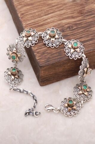 Kök Zümrüt Taşlı Telkari İşlemeli Gümüş Bileklik 2931