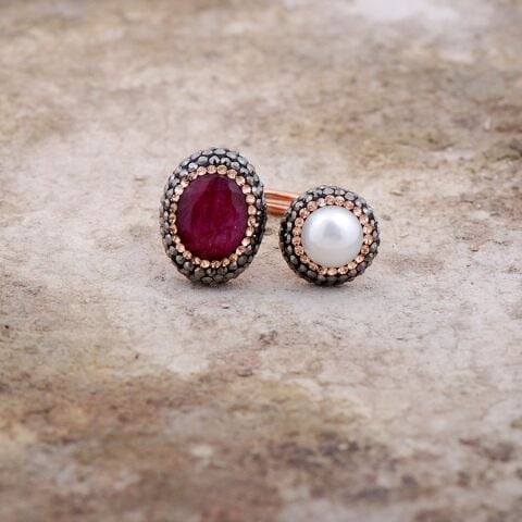 Yakut Ve İnci Taşlı Elişi Tasarım Gümüş Yüzük  2157