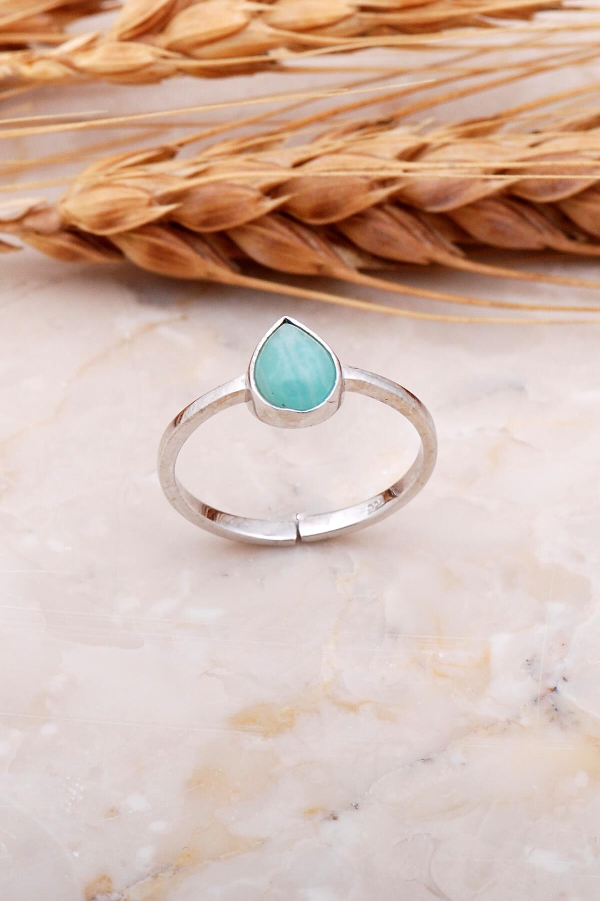 Amazonit Taşlı Damla Rodyumlu Gümüş Yüzük 3667