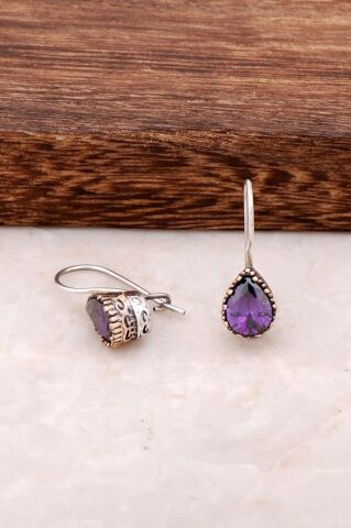 Ametist Taşlı Elişi Gümüş Tasarım Küpe 4244