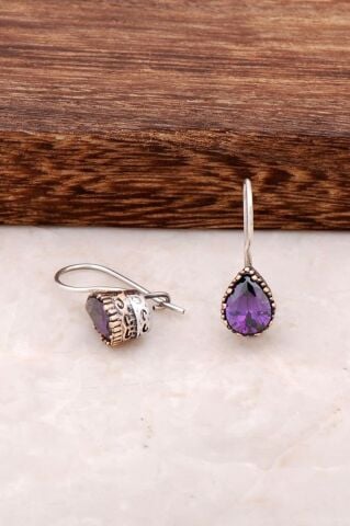 Ametist Taşlı Elişi Gümüş Tasarım Küpe 4244