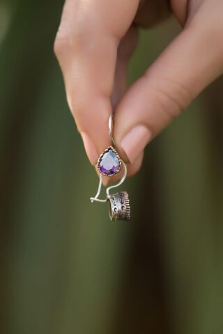 Ametist Taşlı Elişi Gümüş Tasarım Küpe 4244