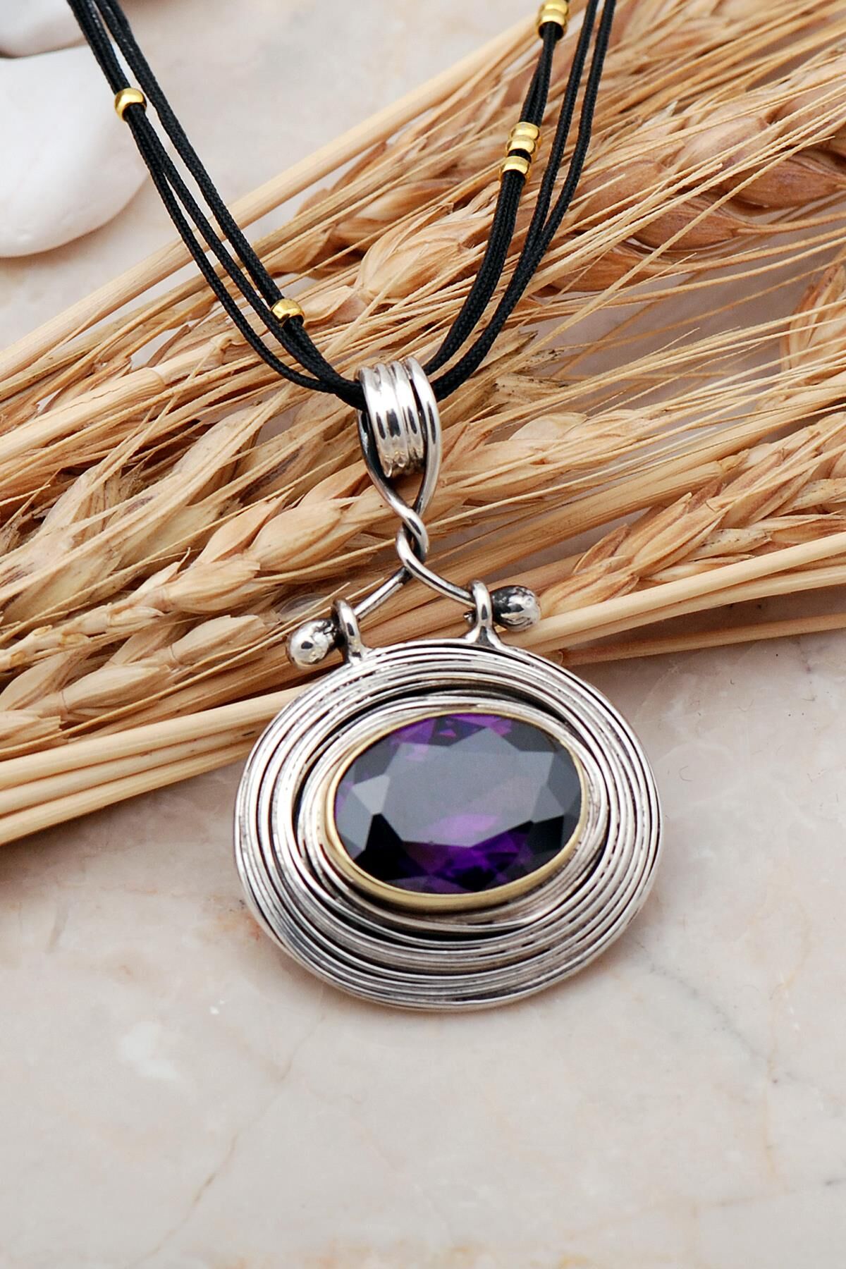 Ametist Taşlı Tel Sarma Elişi Gümüş Kolye 7411