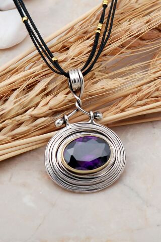 Ametist Taşlı Tel Sarma Elişi Gümüş Kolye 7411