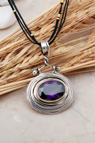 Ametist Taşlı Tel Sarma Elişi Gümüş Kolye 7411