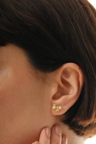 İncili Dallı Altın Kaplama Mini Gümüş Küpe 7363