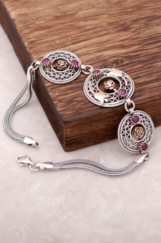 Laleli Yakut Taşlı Telkari İşlemeli Bileklik 2933