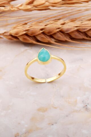 Amazonit Taşlı Damla Altın Kaplama Gümüş Yüzük 3669