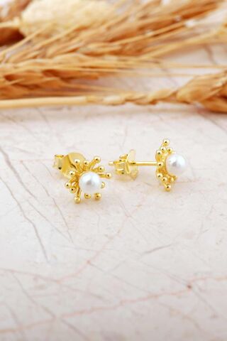 İncili Güneş Altın Kaplama Mini Gümüş Küpe 7364