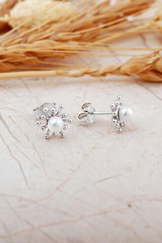 İncili Güneş Rodyumlu Mini Gümüş Küpe 7365