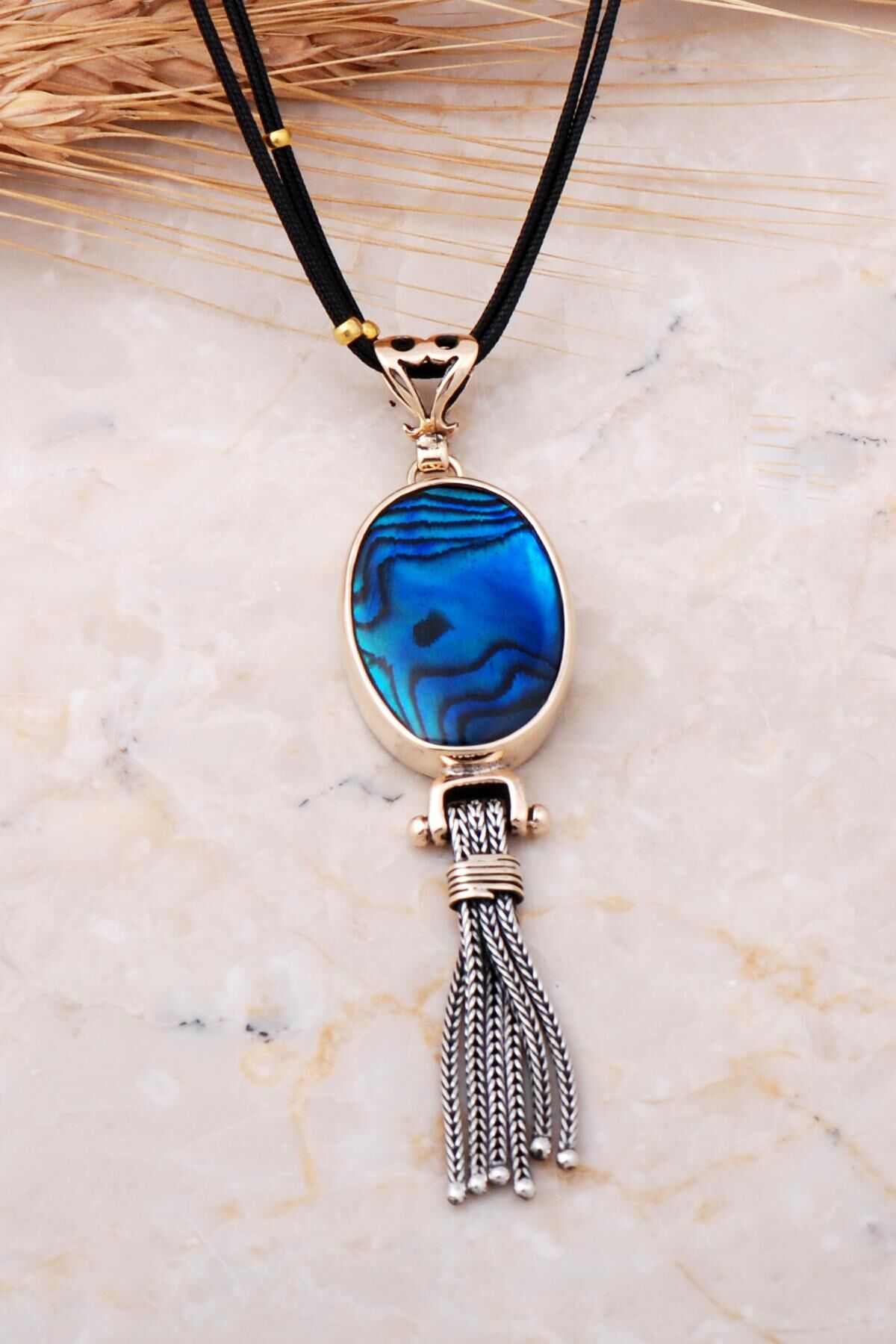 Okyanus Sedefi Elişi Gümüş Tasarım Kolye 7648