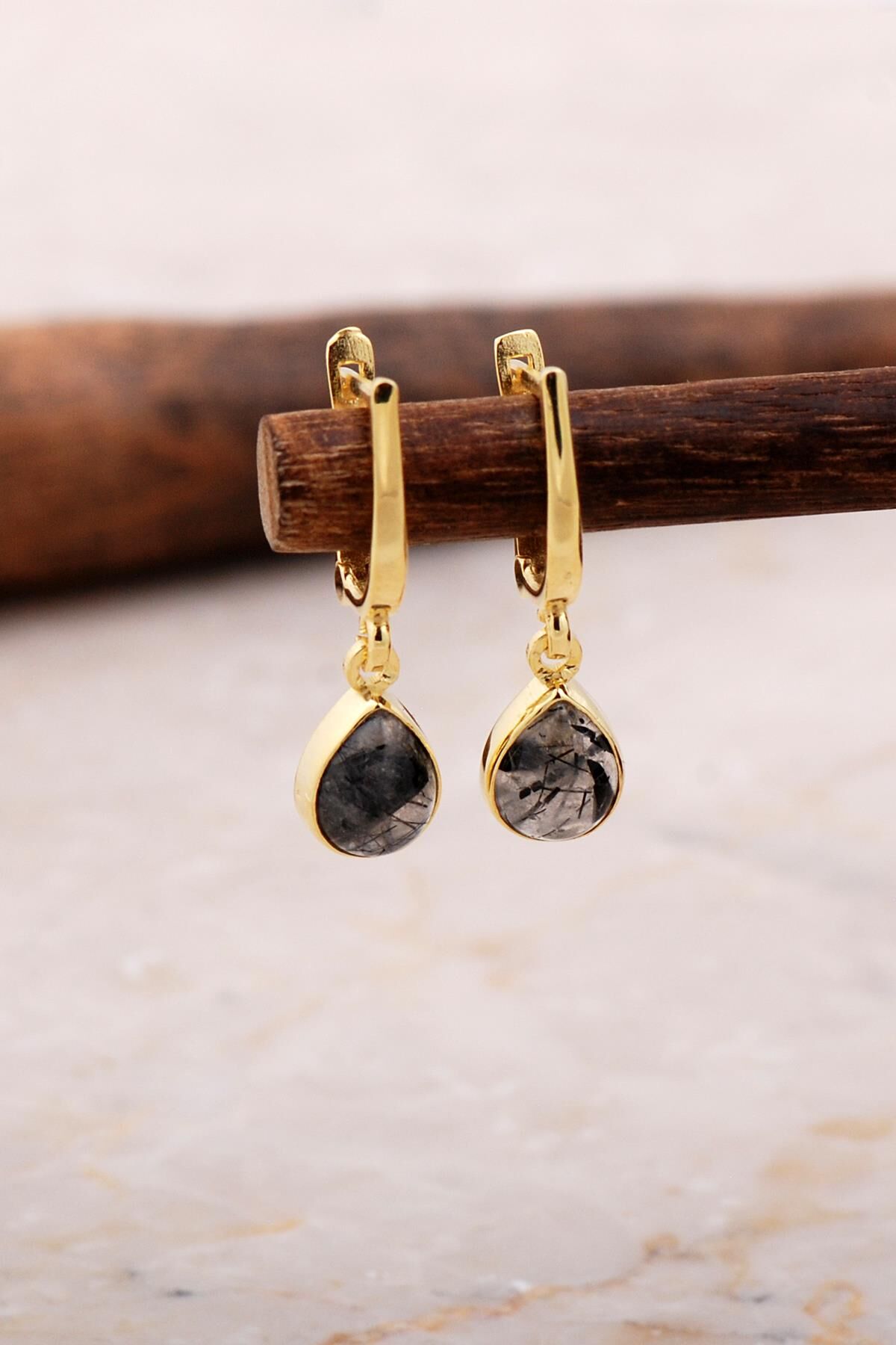 Doğal Rutil Kuvars Taşlı Damla Mini Altın Yaldızlı Gümüş Küpe 5880