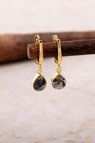 Doğal Rutil Kuvars Taşlı Damla Mini Altın Yaldızlı Gümüş Küpe 5880