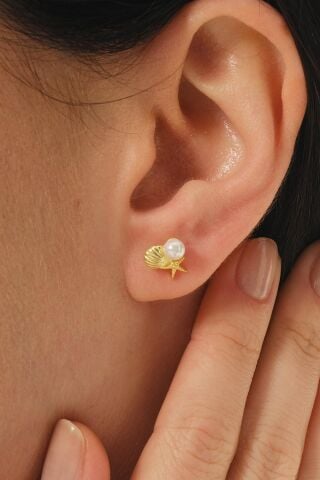 İncili Deniz Kabuğu Yıldızı Altın Kaplama Mini Gümüş Küpe 7366