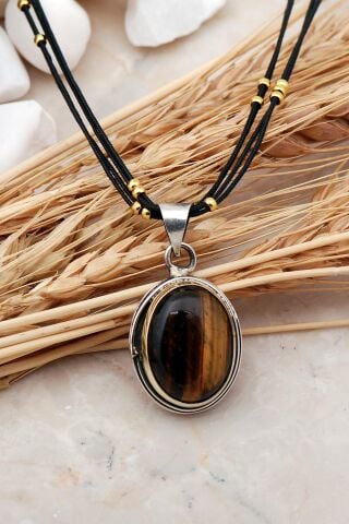 Kaplan Gözü Taşlı Tel Sarma Elişi Gümüş Kolye 7414