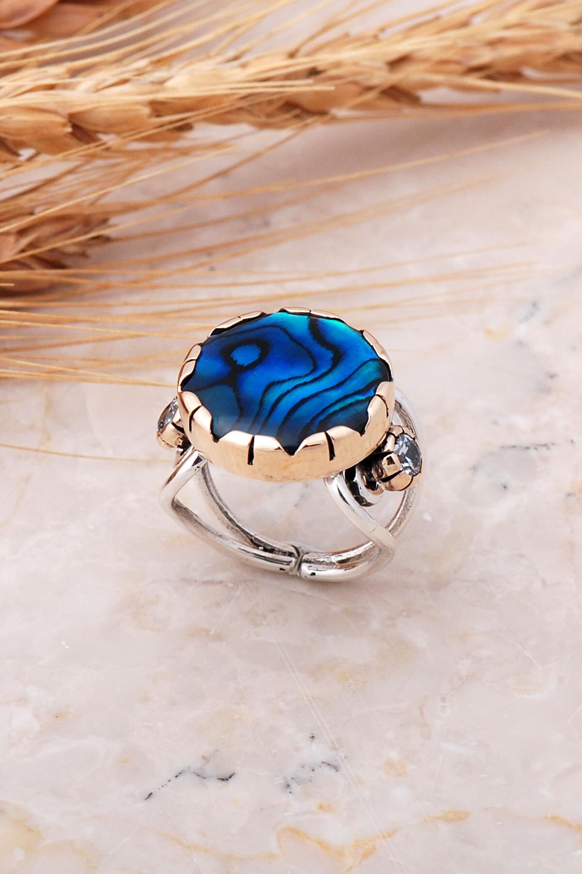 Okyanus Sedefi Elişi Gümüş Tasarım Yüzük 3501