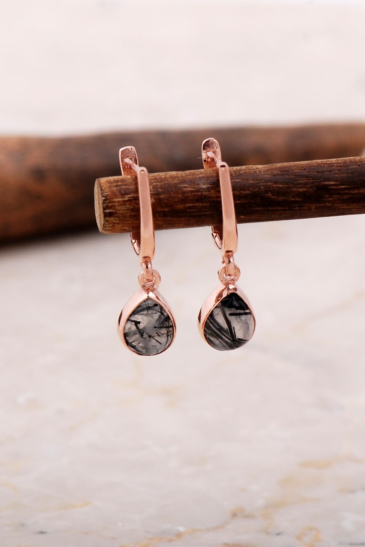 Doğal Rutil Kuvars Taşlı Damla Mini Rose Gümüş Küpe 5881