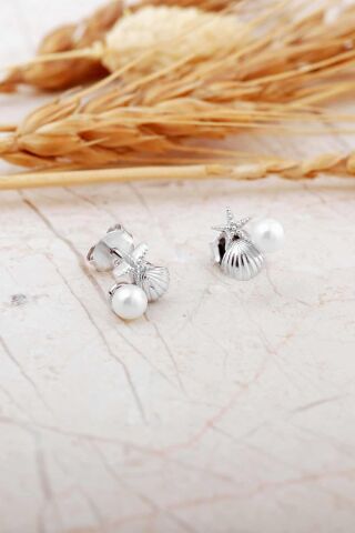 İncili Deniz Kabuğu Yıldızı Rodyumlu Mini Gümüş Küpe 7367