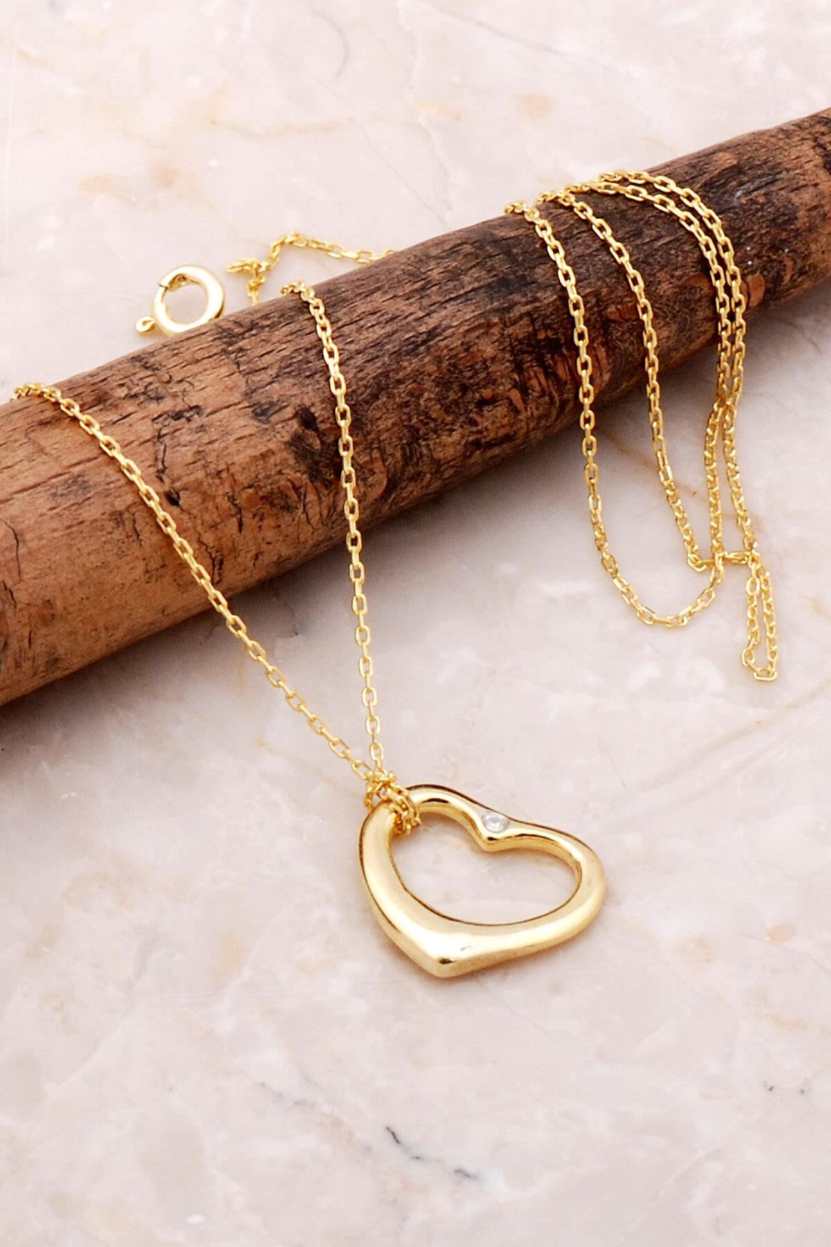 Kalp Tasarım Altın Yaldızlı Gümüş Kolye 7188