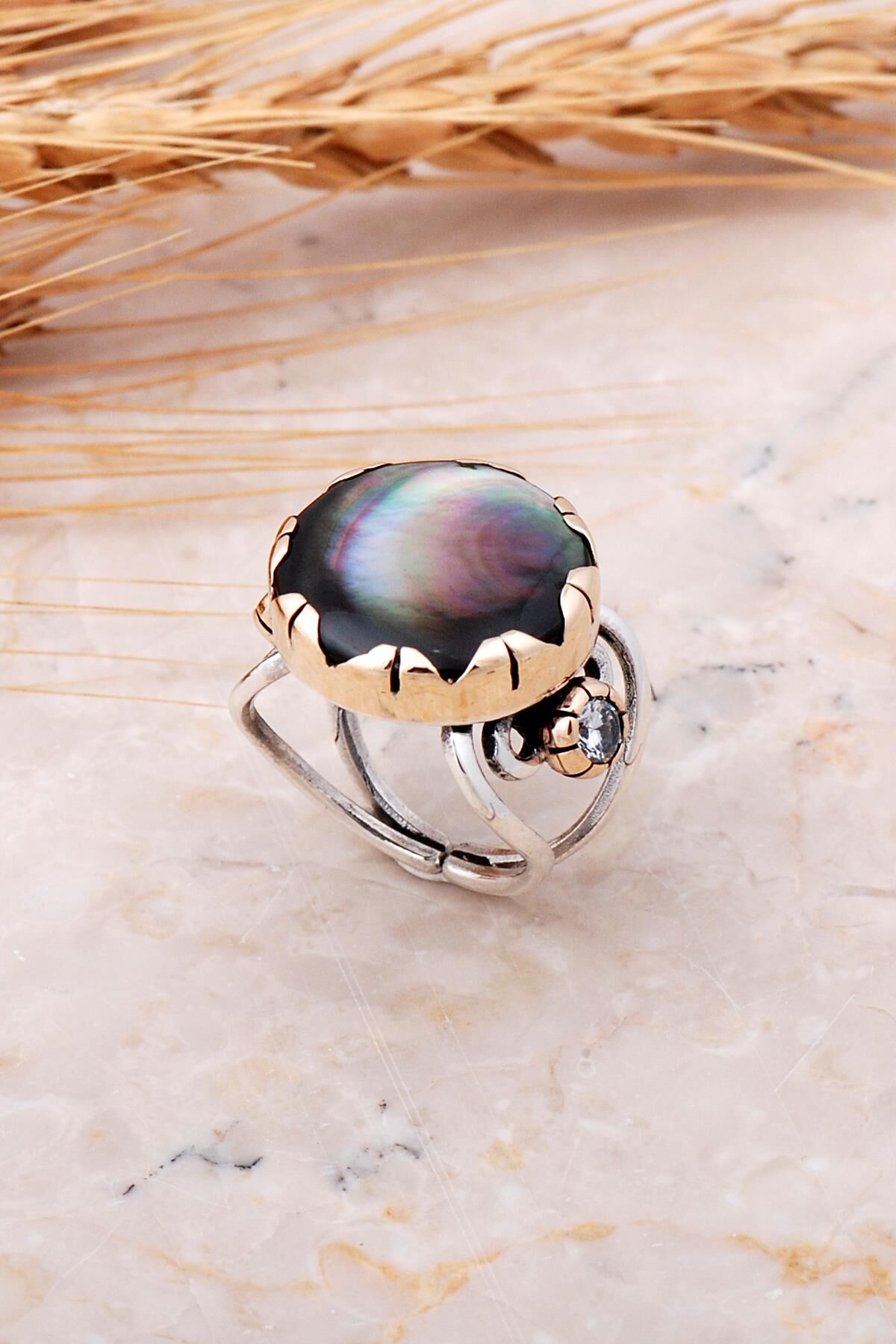 Sedef Elişi Gümüş Tasarım Yüzük 3502