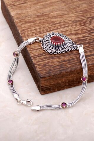 Kök Yakut Taşlı Telkari İşlemeli Gümüş Bileklik 2938