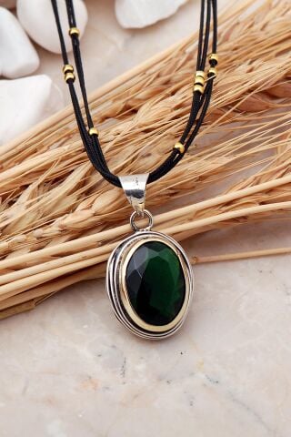 Zümrüt Taşlı Tel Sarma Elişi Gümüş Kolye 7416